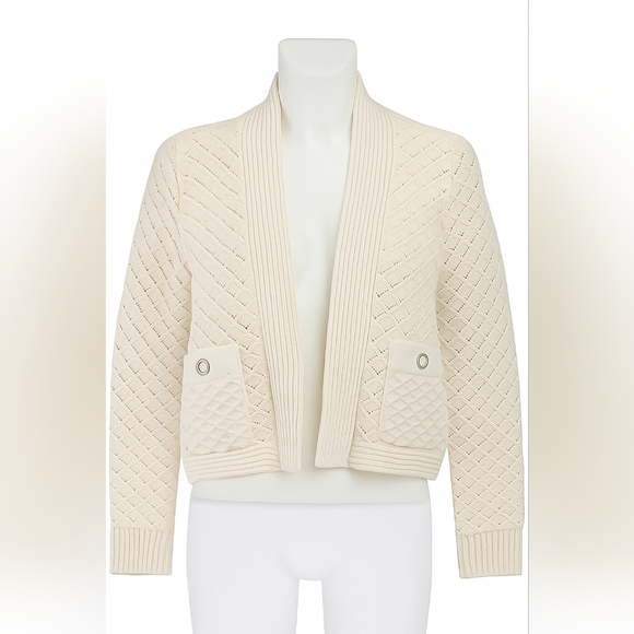 POL Cardigan Cream Knit Gold Thread Sequin Detail Boho Cropped Sweater M - Picture 1 of 10